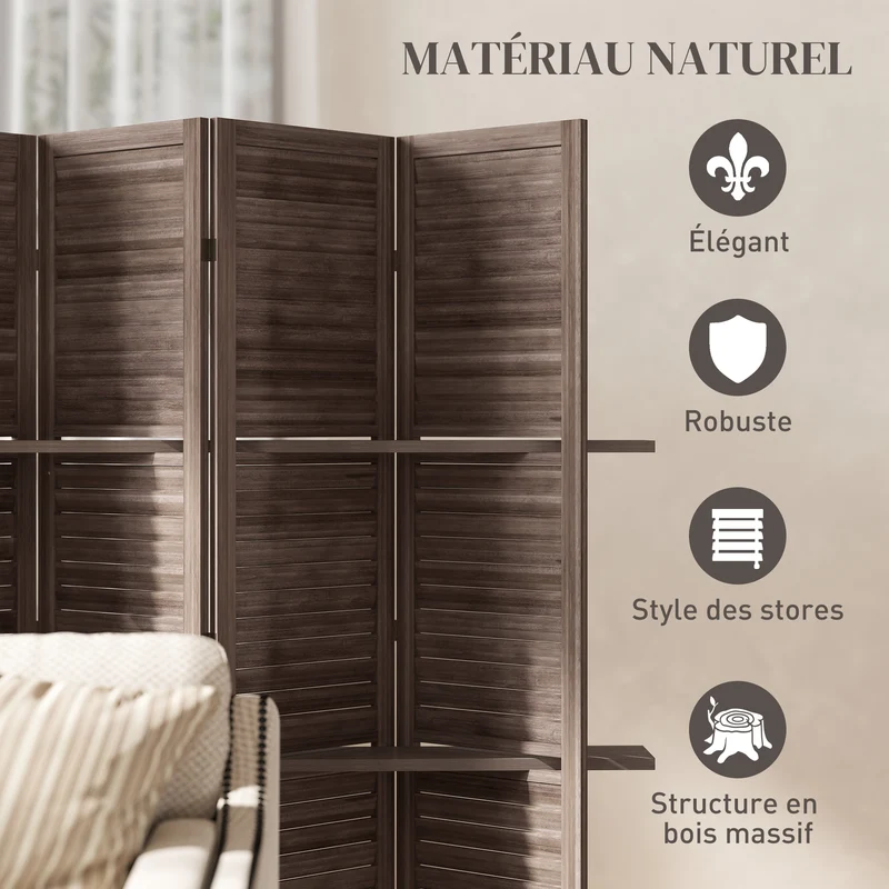 Paravent intérieur séparateur de pièce salon 160 x 2 x 170 cm pliable avec 3 étagères rustique en bois de paulownia noyer 21_0001227