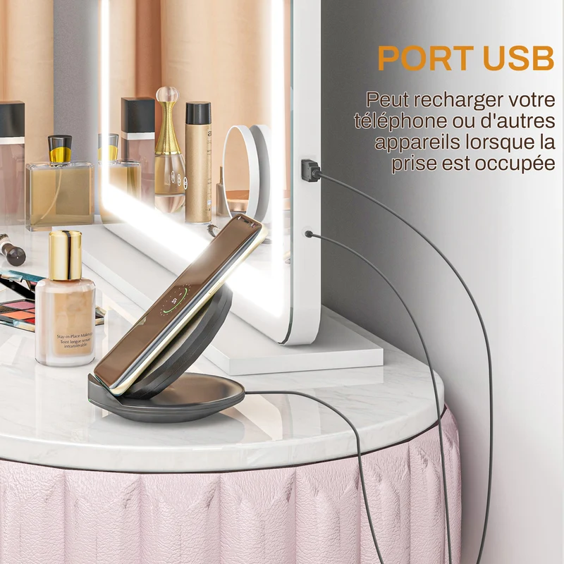 Miroir lumineux mural ou sur table 80 x 62 x 14 cm éclairage 3 modes miroir grossissant 10x moderne épuré en verre blanc 21_0000787