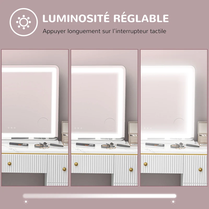 Miroir lumineux mural ou sur table 80 x 62 x 14 cm éclairage 3 modes miroir grossissant 10x moderne épuré en verre blanc 21_0000787