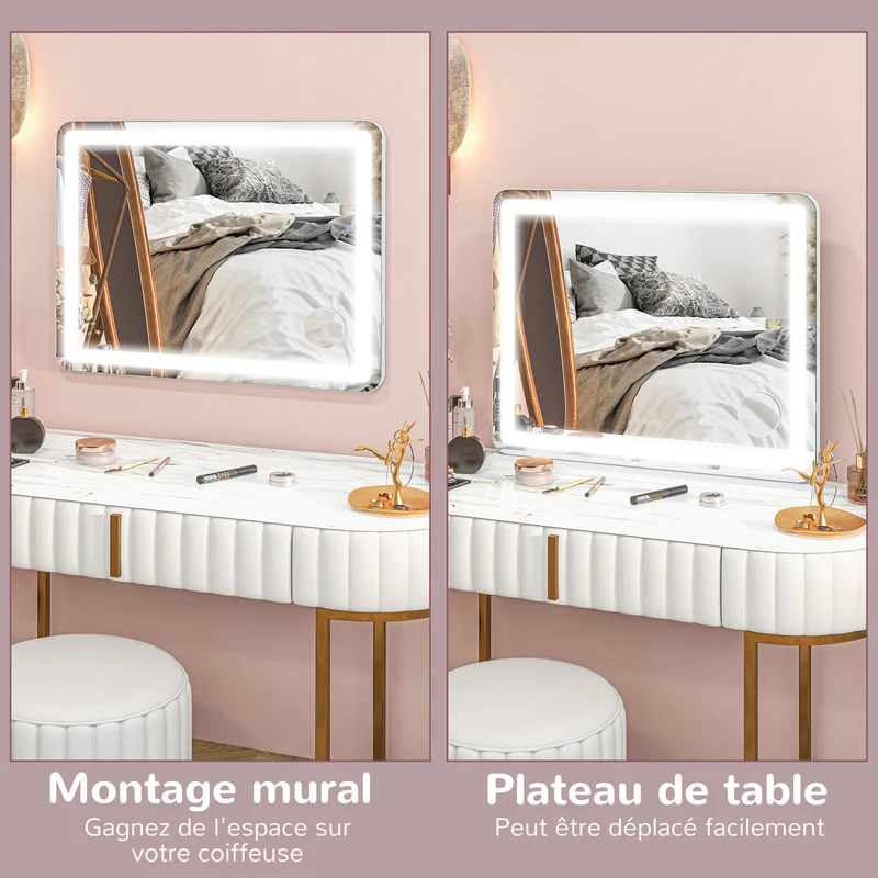 Miroir lumineux mural ou sur table 80 x 62 x 14 cm éclairage 3 modes miroir grossissant 10x moderne épuré en verre blanc 21_0000787