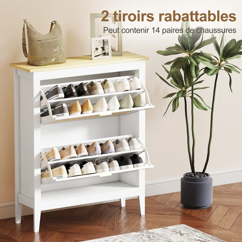 Meuble à chaussures d'entrée 80 x 24 x 95.5 cm rangement 14 paires gain de place bohème en panneau de particules blanc 21_0002767