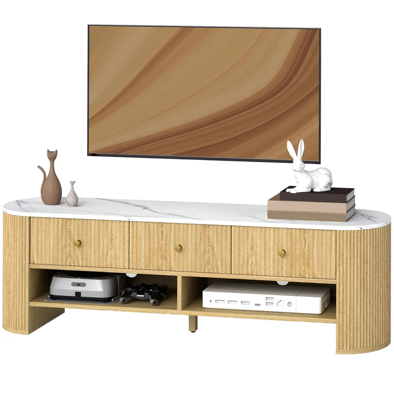 Meuble de télévision salon 140 x 40 x 43 cm 3 tiroirs passage câbles rangements contemporain épuré en MDF bois naturel 21_0003549