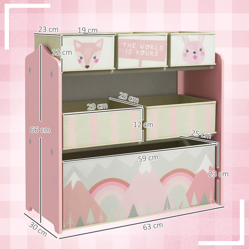 Meuble de rangement enfant 63 x 30 x 66 cm 6 bacs amovibles bords arrondis gain de place moderne scandinave en MDF rose 21_0000153