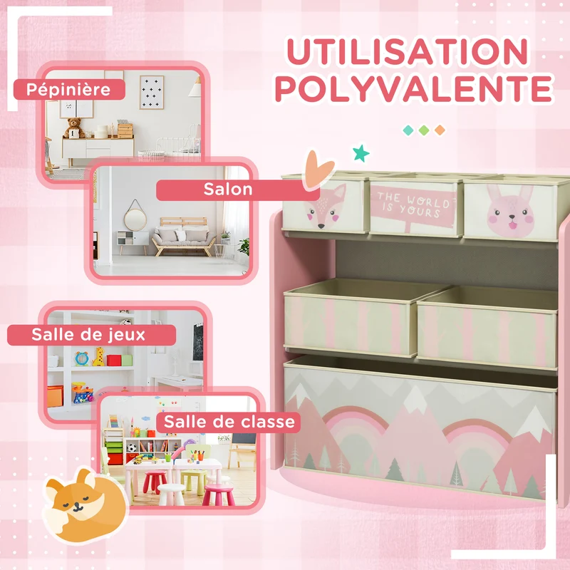 Meuble de rangement enfant 63 x 30 x 66 cm 6 bacs amovibles bords arrondis gain de place moderne scandinave en MDF rose 21_0000153