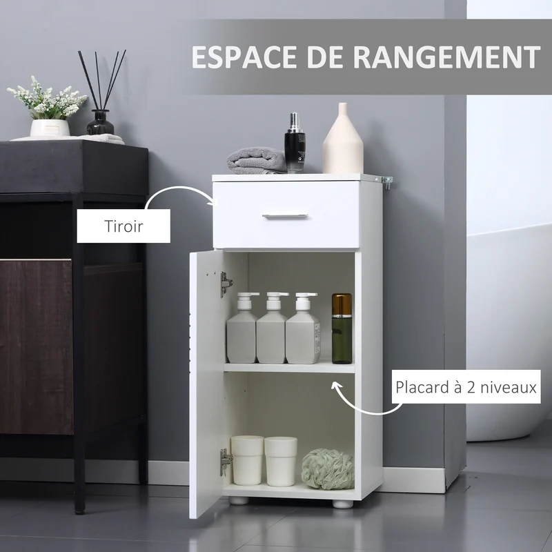 Meuble bas salle de bain 35 x 30 x 77,5 cm rangement triple tiroir coulissant épuré en panneaux de particules blanc 21_0001907