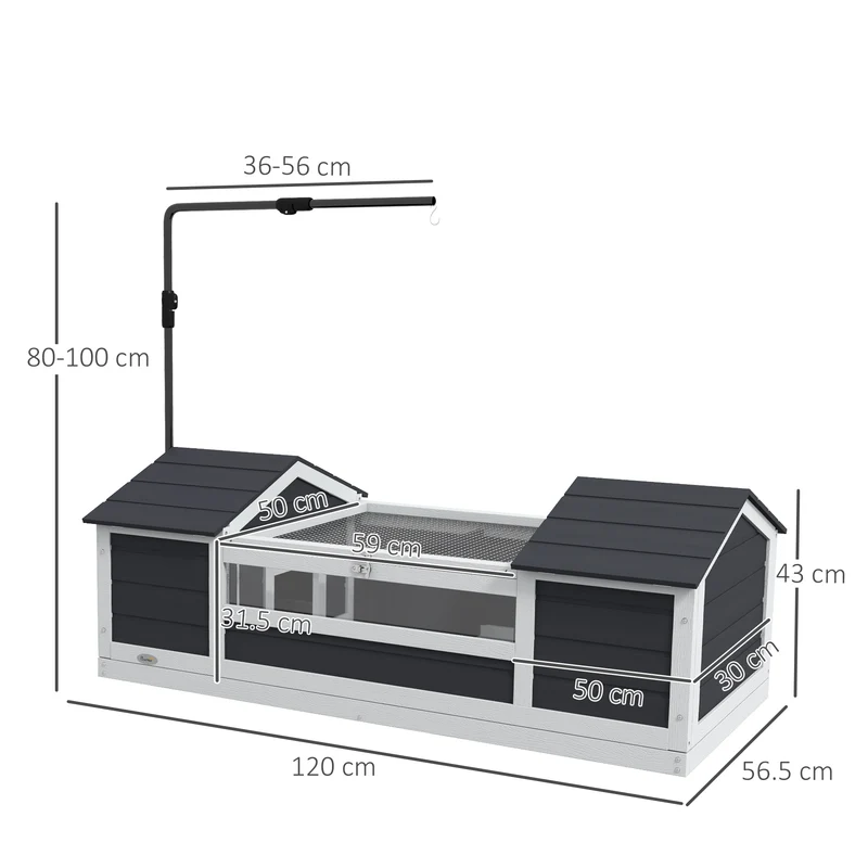 Maison pour tortue enclos jardin 120 x 56,5 x 43 cm 2 niches support lampe réglable confort scandinave en bois gris 21_0007840