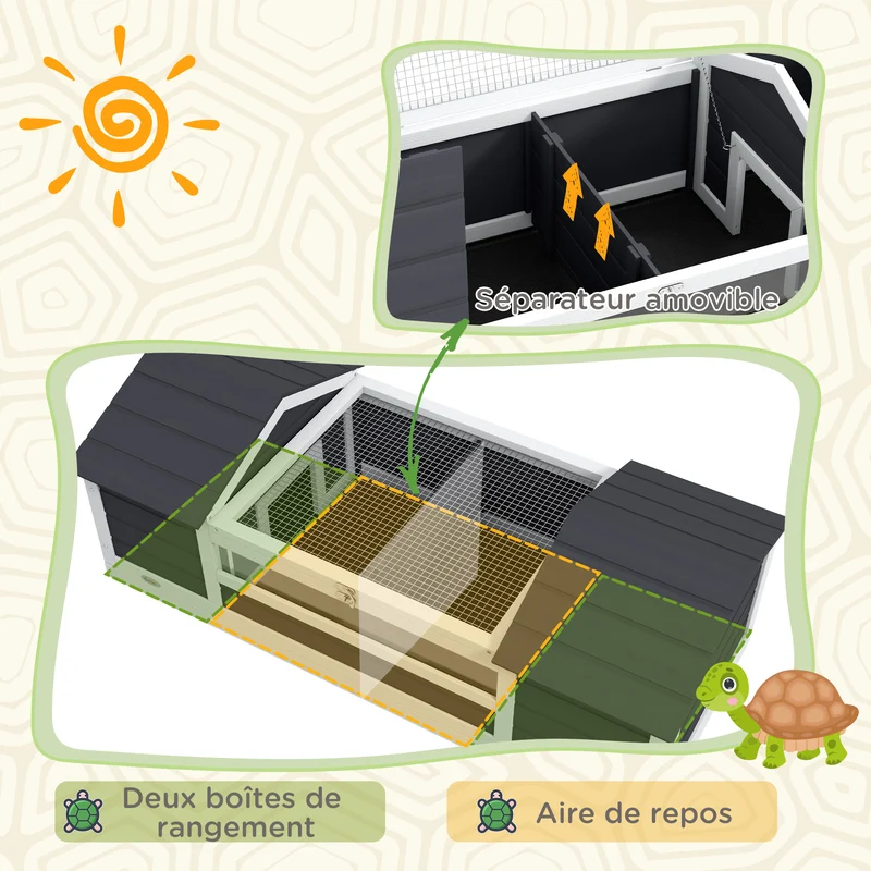 Maison pour tortue enclos jardin 120 x 56,5 x 43 cm 2 niches support lampe réglable confort scandinave en bois gris 21_0007840