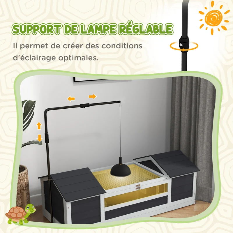 Maison pour tortue enclos jardin 120 x 56,5 x 43 cm 2 niches support lampe réglable confort scandinave en bois gris 21_0007840