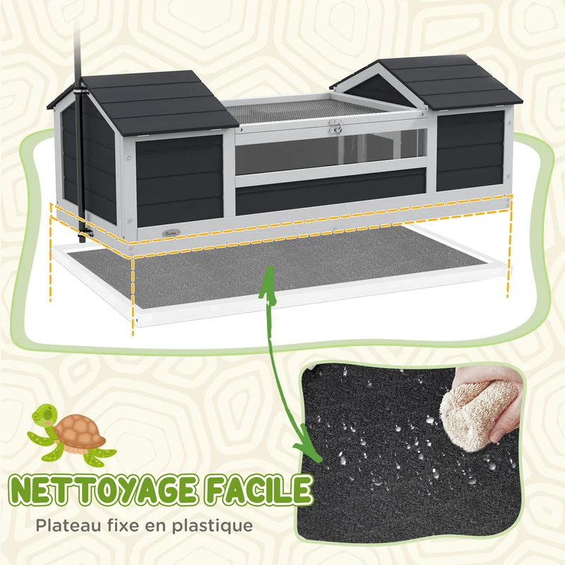 Maison pour tortue enclos jardin 120 x 56,5 x 43 cm 2 niches support lampe réglable confort scandinave en bois gris 21_0007840