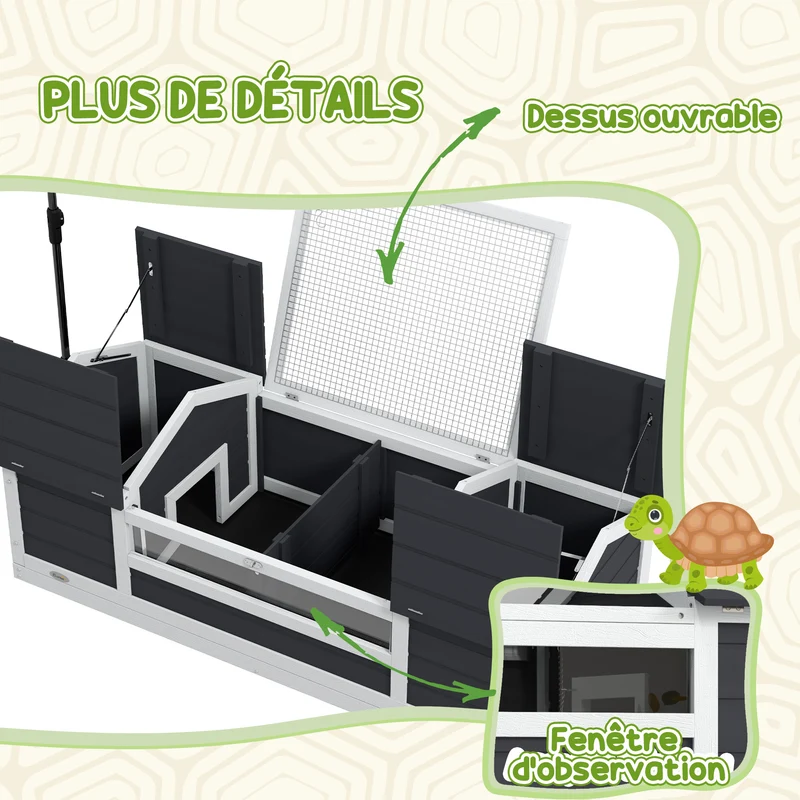 Maison pour tortue enclos jardin 120 x 56,5 x 43 cm 2 niches support lampe réglable confort scandinave en bois gris 21_0007840