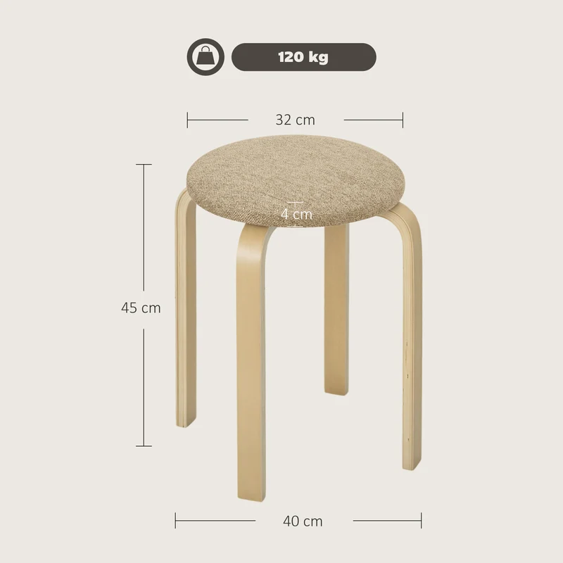 Lot de 4 tabourets ronds empilables 40 x 45 cm assise rembourrée confortable style scandinave épuré en polyester kaki 21_0003293
