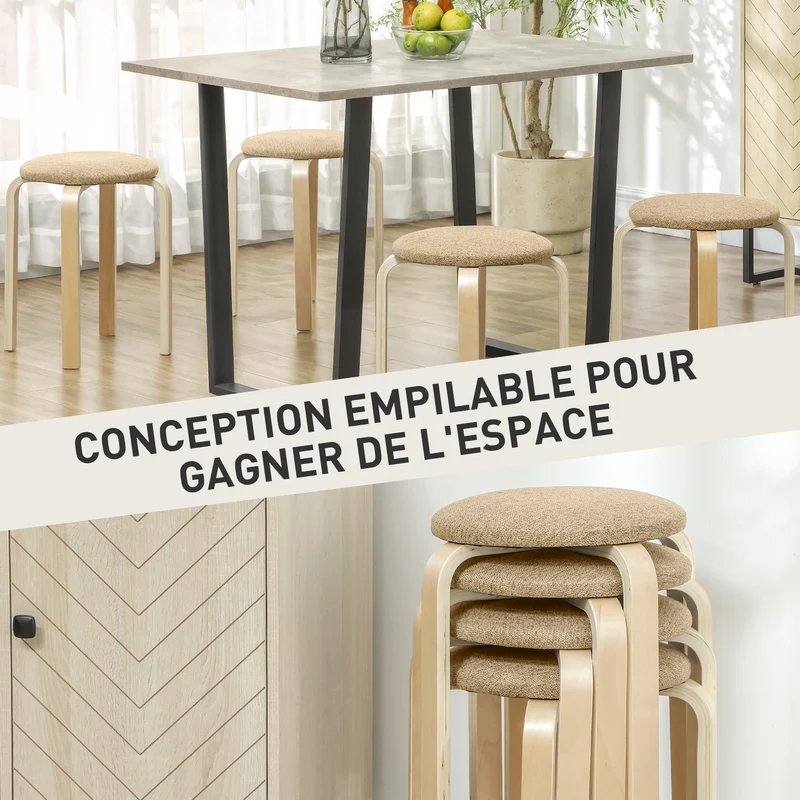 Lot de 4 tabourets ronds empilables 40 x 45 cm assise rembourrée confortable style scandinave épuré en polyester kaki 21_0003293