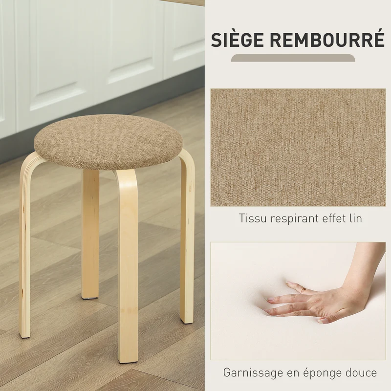 Lot de 4 tabourets ronds empilables 40 x 45 cm assise rembourrée confortable style scandinave épuré en polyester kaki 21_0003293