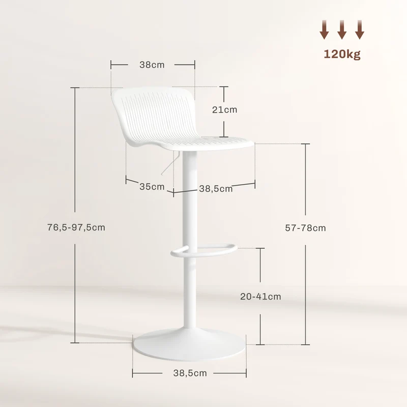 Lot de 2 tabourets de bar hauts hauteur réglable assise pivotante 360° moderne 39 x 40 x 77-98 cm en polypropylène blanc 21_0003258