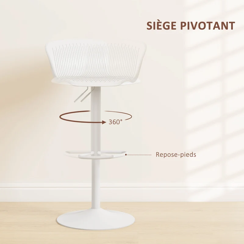 Lot de 2 tabourets de bar hauts hauteur réglable assise pivotante 360° moderne 39 x 40 x 77-98 cm en polypropylène blanc 21_0003258