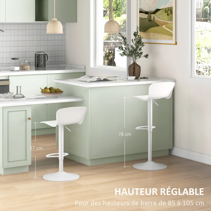 Lot de 2 tabourets de bar hauts hauteur réglable assise pivotante 360° moderne 39 x 40 x 77-98 cm en polypropylène blanc 21_0003258