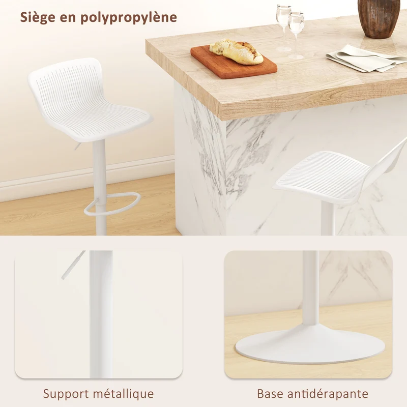 Lot de 2 tabourets de bar hauts hauteur réglable assise pivotante 360° moderne 39 x 40 x 77-98 cm en polypropylène blanc 21_0003258