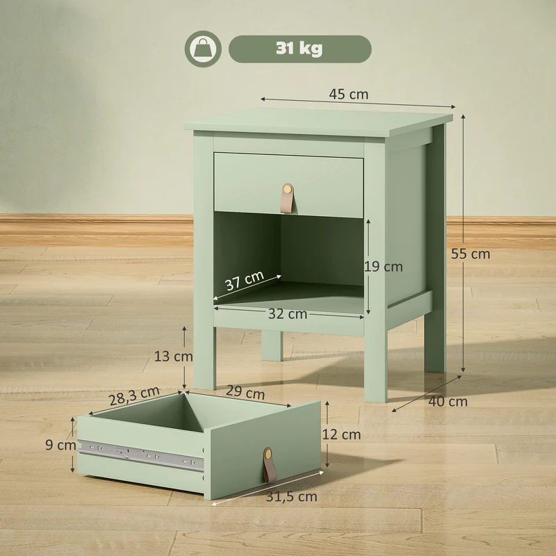 Lot de 2 tables de chevet tiroir et compartiment 45 x 40 x 55 cm rangement style épuré en panneau de particules vert 21_0001670
