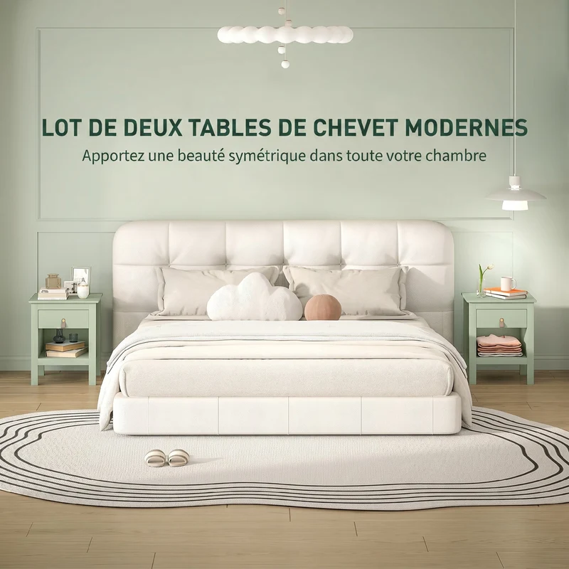 Lot de 2 tables de chevet tiroir et compartiment 45 x 40 x 55 cm rangement style épuré en panneau de particules vert 21_0001670