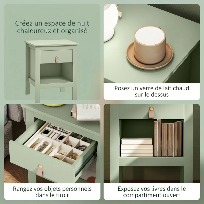 Lot de 2 tables de chevet tiroir et compartiment 45 x 40 x 55 cm rangement style épuré en panneau de particules vert 21_0001670