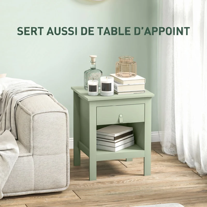 Lot de 2 tables de chevet tiroir et compartiment 45 x 40 x 55 cm rangement style épuré en panneau de particules vert 21_0001670
