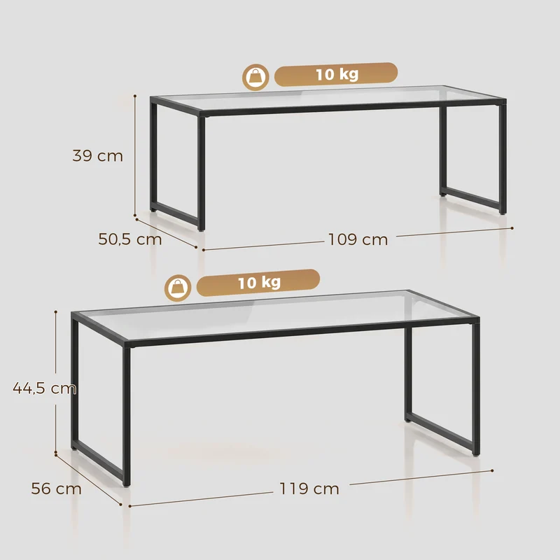 Lot de 2 tables basses gigognes salon 119 x 56 x 44,5 cm gain de place modulables design moderne en verre trempé noir 21_0003122