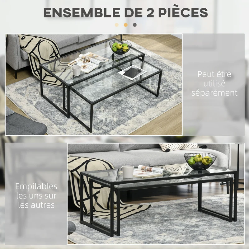 Lot de 2 tables basses gigognes salon 119 x 56 x 44,5 cm gain de place modulables design moderne en verre trempé noir 21_0003122
