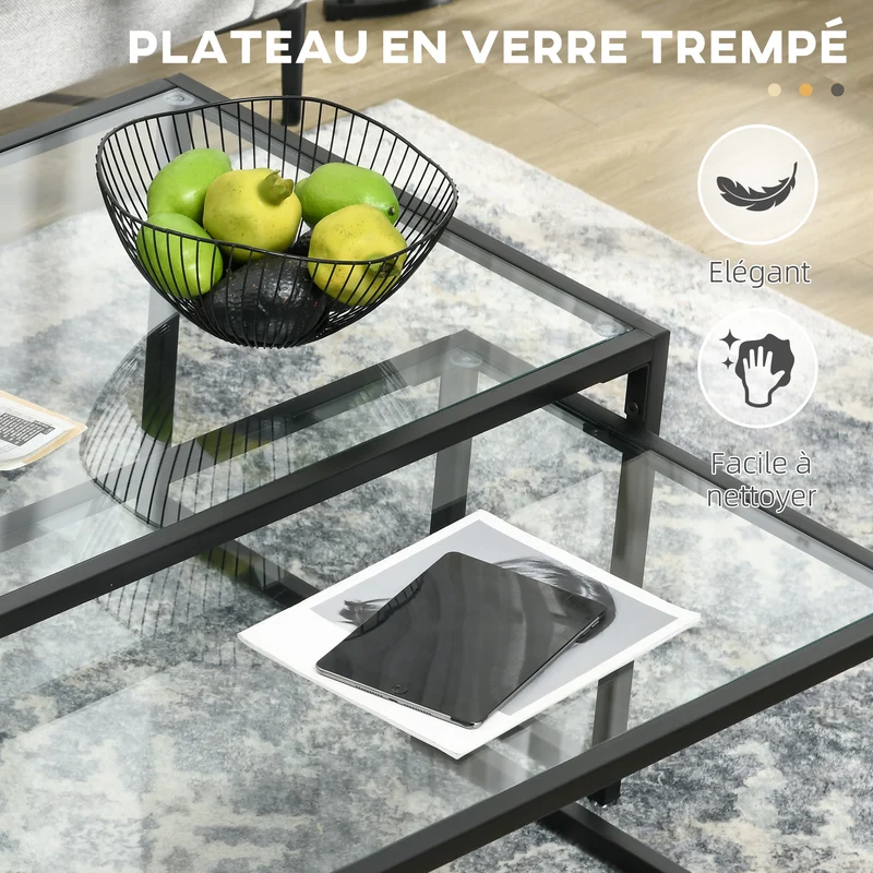 Lot de 2 tables basses gigognes salon 119 x 56 x 44,5 cm gain de place modulables design moderne en verre trempé noir 21_0003122