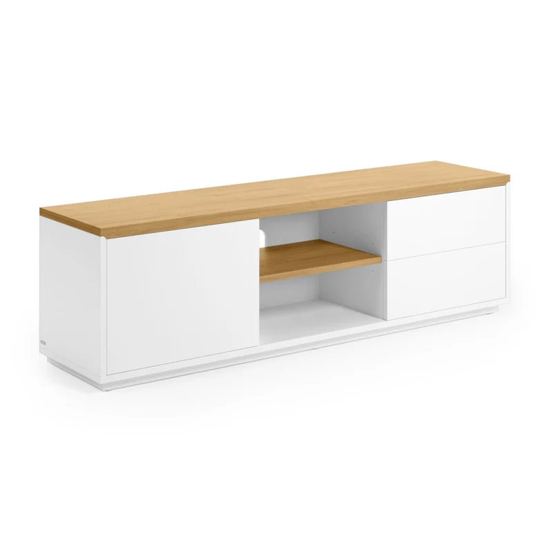 Abilen oak wood veneer TV stand with 1 door & 2 drawers in white lacquer, 150 x 44 cm FSC 100%