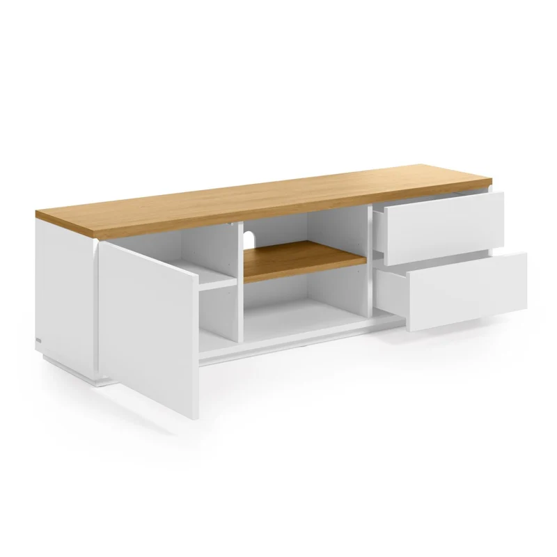 Abilen oak wood veneer TV stand with 1 door & 2 drawers in white lacquer, 150 x 44 cm FSC 100%