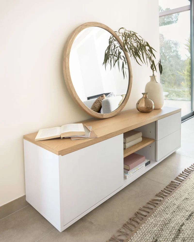 Abilen oak wood veneer TV stand with 1 door & 2 drawers in white lacquer, 150 x 44 cm FSC 100%