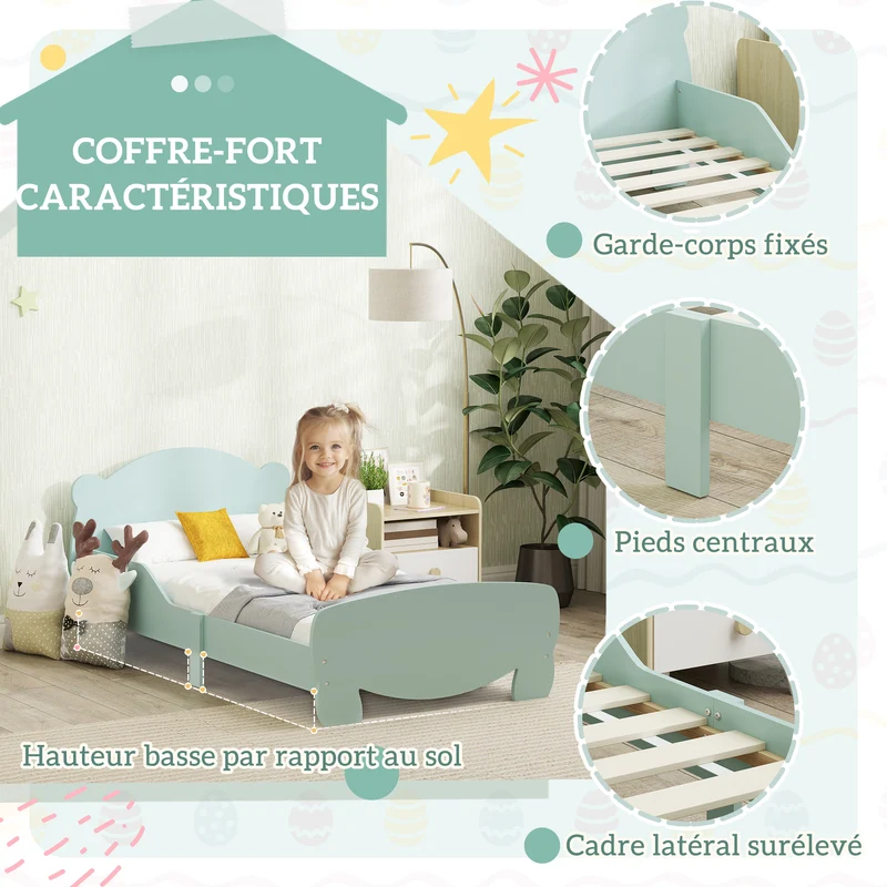 Lit enfant bas avec barrières 143.5 x 80 x 55 cm sécurité tête ours accès facile durable scandinave cosy en MDF vert 21_0000252