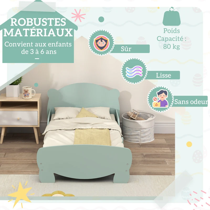 Lit enfant bas avec barrières 143.5 x 80 x 55 cm sécurité tête ours accès facile durable scandinave cosy en MDF vert 21_0000252