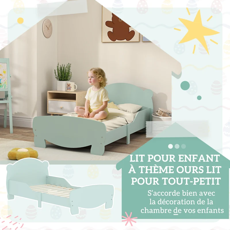 Lit enfant bas avec barrières 143.5 x 80 x 55 cm sécurité tête ours accès facile durable scandinave cosy en MDF vert 21_0000252