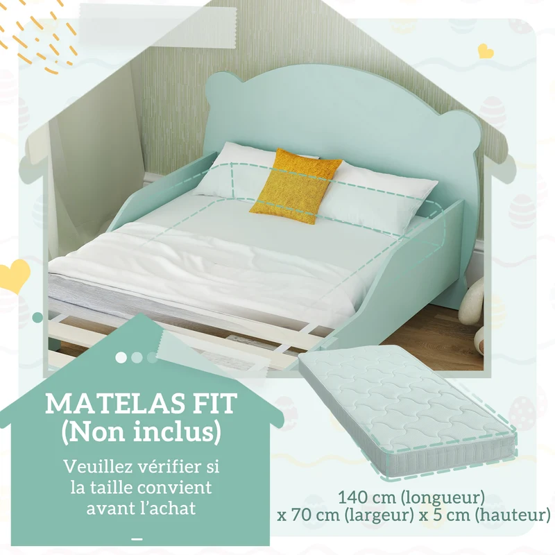 Lit enfant bas avec barrières 143.5 x 80 x 55 cm sécurité tête ours accès facile durable scandinave cosy en MDF vert 21_0000252