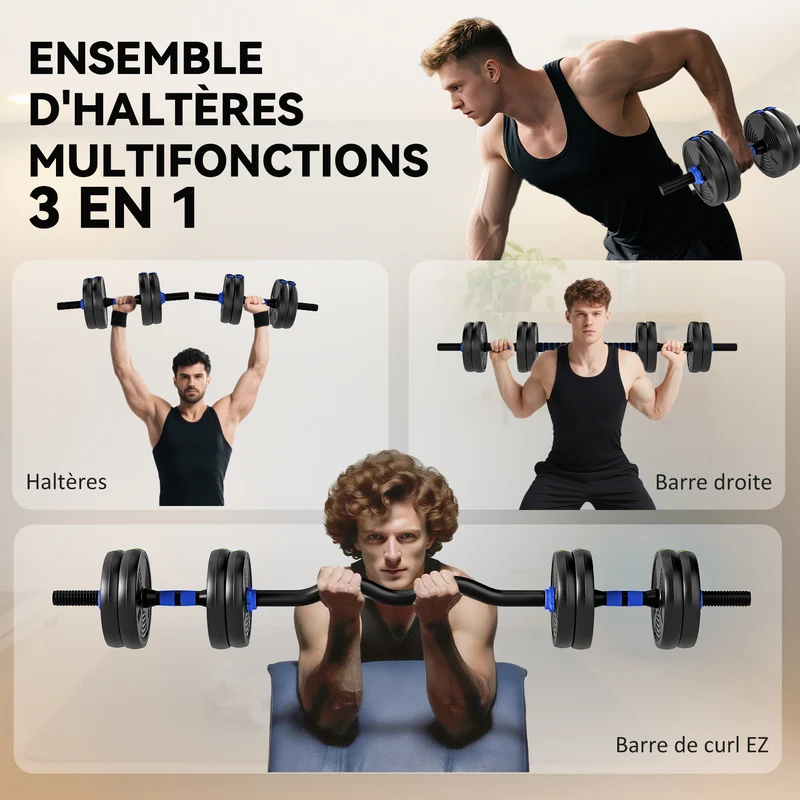 Kit haltères réglables musculation 3 en 1 140 x 20 x 20 cm prises antidérapantes gain de place moderne en plastique bleu 21_0006873