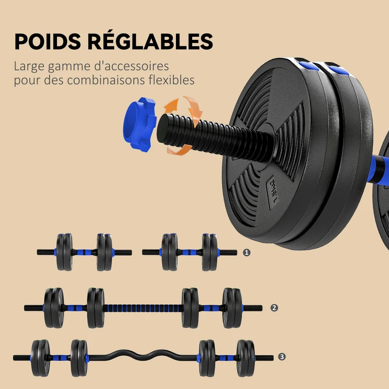 Kit haltères réglables musculation 3 en 1 140 x 20 x 20 cm prises antidérapantes gain de place moderne en plastique bleu 21_0006873