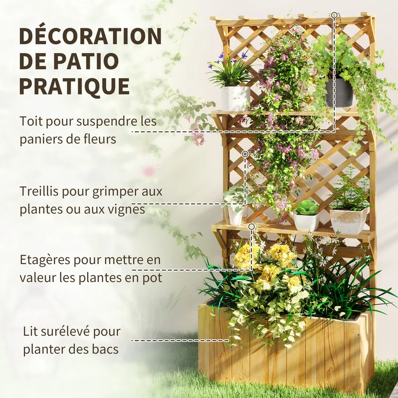 Jardinière surélevée balcon 76 x 33 x 177 cm treillis toit pour paniers drainage feutre scandinave en bois naturel clair 21_0005532