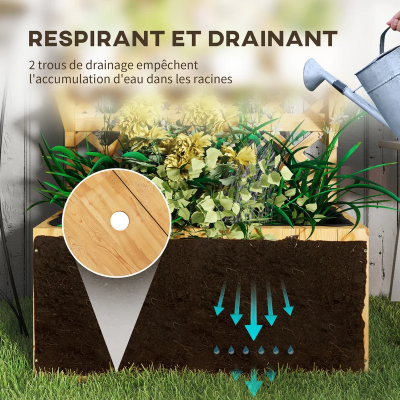 Jardinière surélevée balcon 76 x 33 x 177 cm treillis toit pour paniers drainage feutre scandinave en bois naturel clair 21_0005532
