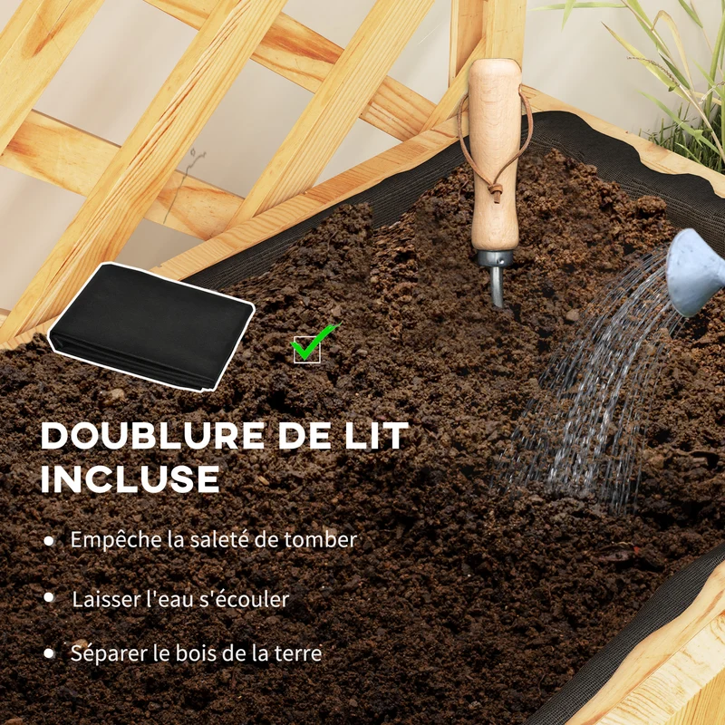 Jardinière surélevée balcon 76 x 33 x 177 cm treillis toit pour paniers drainage feutre scandinave en bois naturel clair 21_0005532