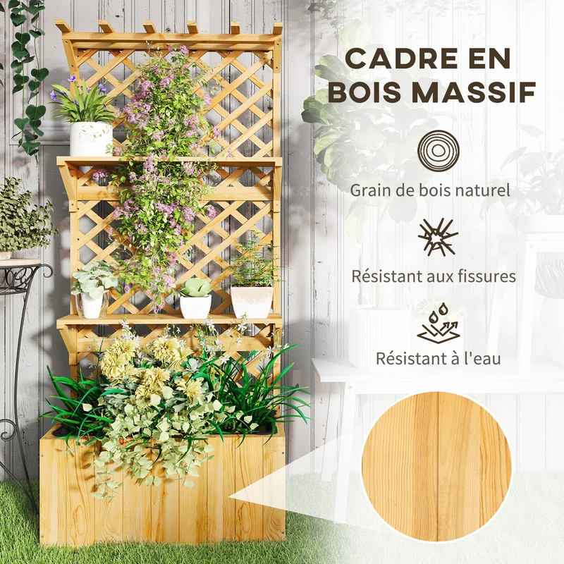 Jardinière surélevée balcon 76 x 33 x 177 cm treillis toit pour paniers drainage feutre scandinave en bois naturel clair 21_0005532