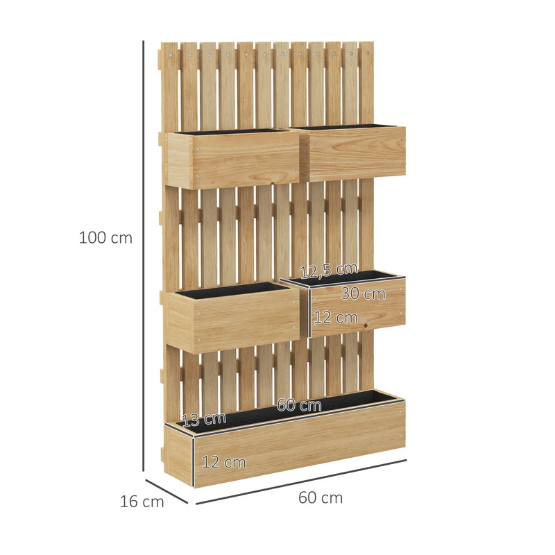 Jardinière murale potager 60 x 16 x 100 cm gain de place pots amovibles avec treillis scandinave épuré en bois naturel 21_0005452