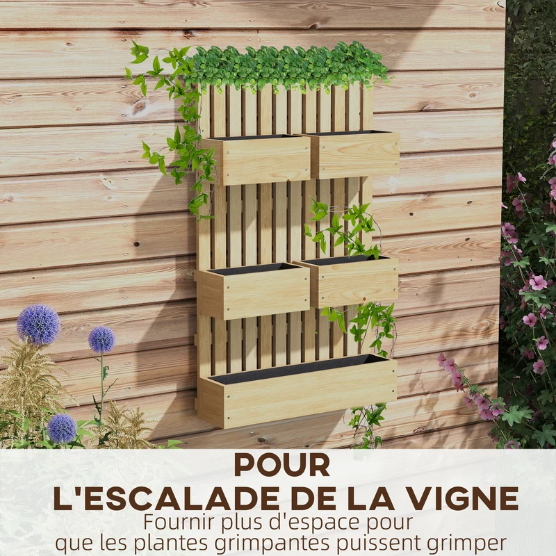 Jardinière murale potager 60 x 16 x 100 cm gain de place pots amovibles avec treillis scandinave épuré en bois naturel 21_0005452