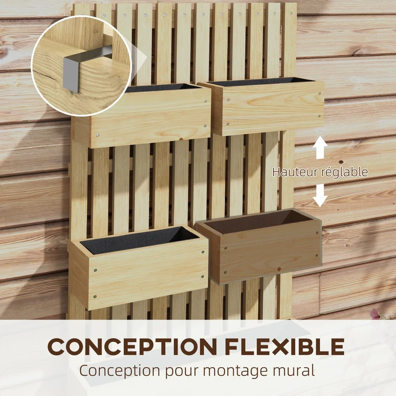 Jardinière murale potager 60 x 16 x 100 cm gain de place pots amovibles avec treillis scandinave épuré en bois naturel 21_0005452