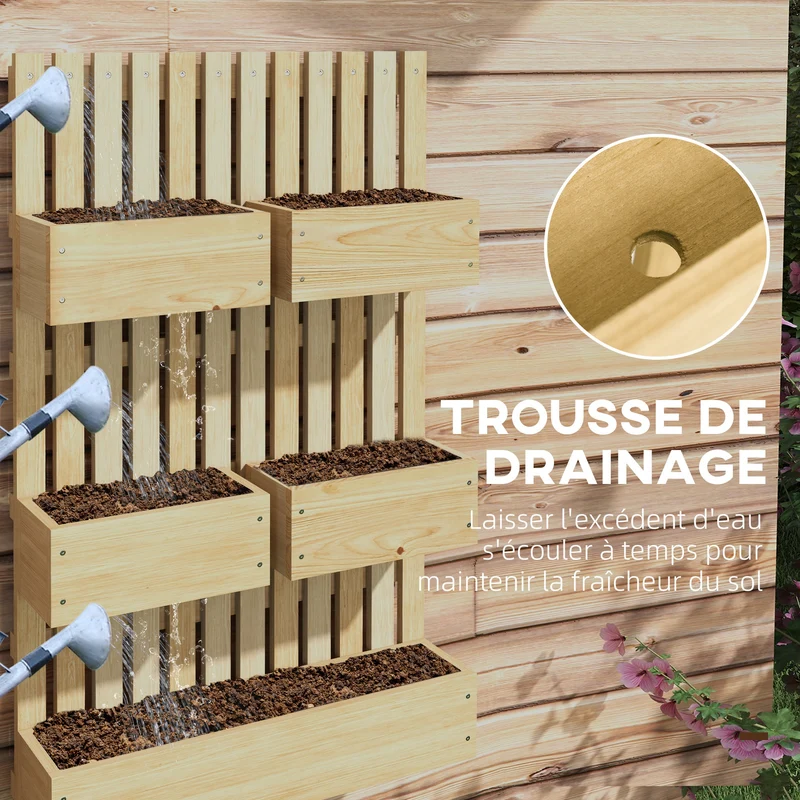 Jardinière murale potager 60 x 16 x 100 cm gain de place pots amovibles avec treillis scandinave épuré en bois naturel 21_0005452