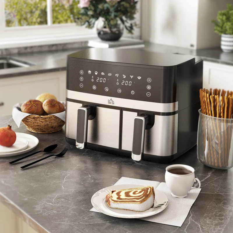 Friteuse à air double paniers séparés sans huile 42 x 39 x 31 cm contemporain finition mate cuisine design en acier noir 21_0000946