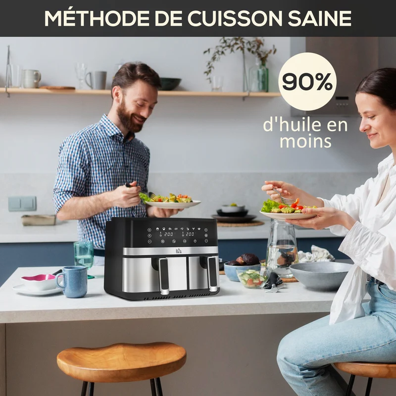 Friteuse à air double paniers séparés sans huile 42 x 39 x 31 cm contemporain finition mate cuisine design en acier noir 21_0000946