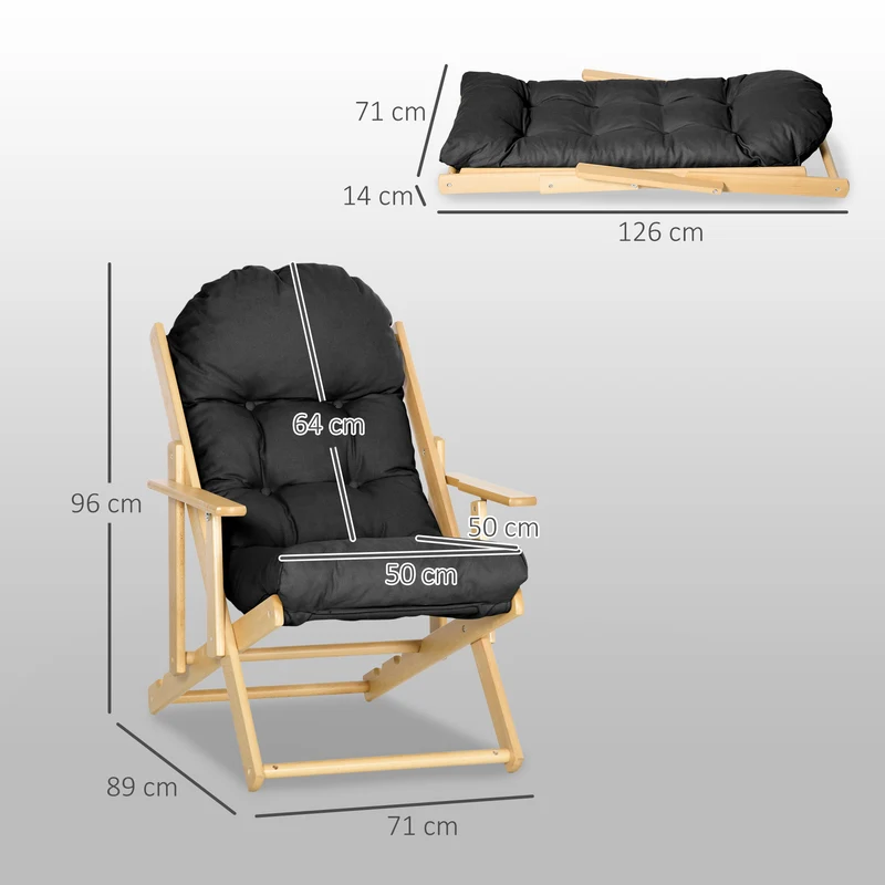 Fauteuil pliable de salon 71 x 89 x 96 cm dossier réglable 3 positions assise capitonnée style naturel cosy en bois noir 21_0003070
