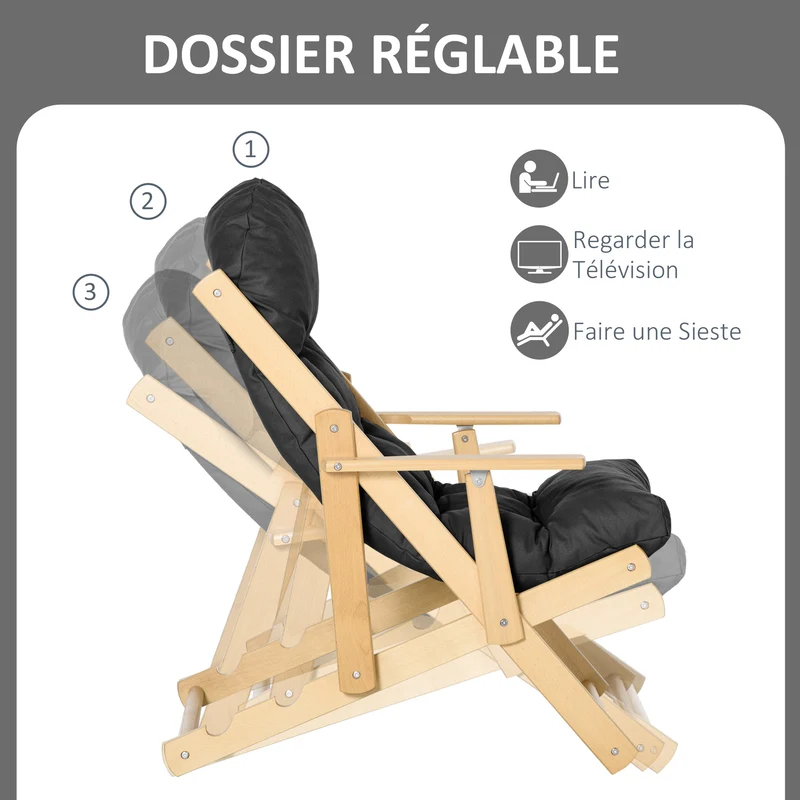Fauteuil pliable de salon 71 x 89 x 96 cm dossier réglable 3 positions assise capitonnée style naturel cosy en bois noir 21_0003070