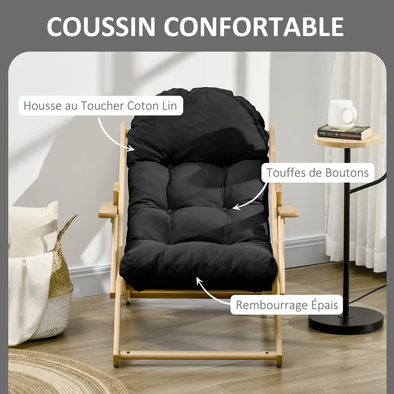 Fauteuil pliable de salon 71 x 89 x 96 cm dossier réglable 3 positions assise capitonnée style naturel cosy en bois noir 21_0003070